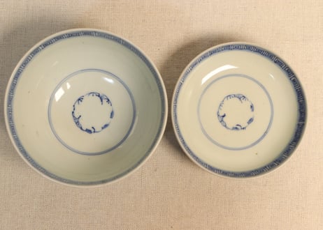 江戸幕末染付線描き三方に花図蓋茶碗 5客組