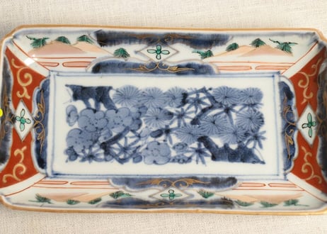 【金継ぎ用】江戸中期色絵松竹梅に杉図長皿 ホツ