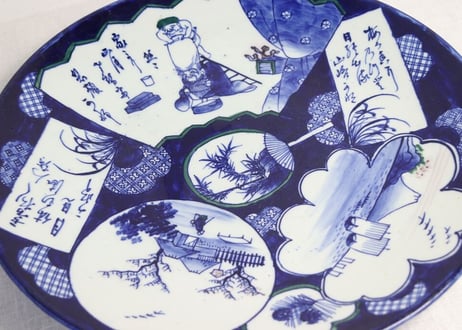 明治前期染付寿老人他窓絵図大皿