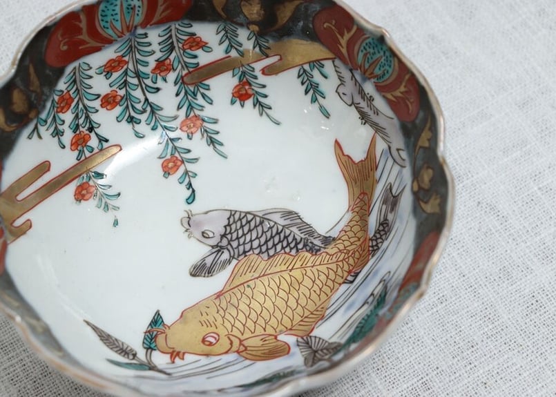 明治前期 色絵 花籠 龍と鳳凰 唐花 蝶 輪花 大鉢 明治前期 色絵 花籠