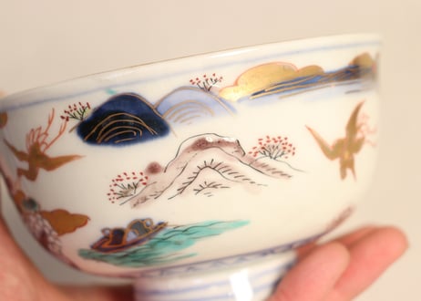 明治前期色絵山水図通り物飯茶碗①