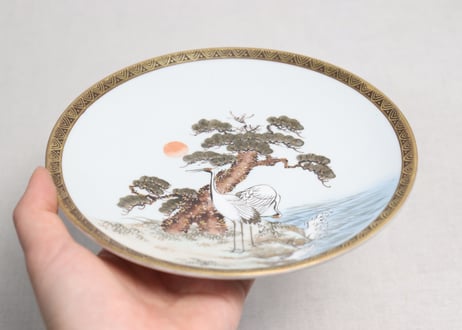 明治前期九谷焼色絵松鶴図通り物6寸皿