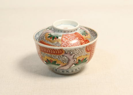 明治前期色絵桜と万年青図通り物飯茶碗②薄め