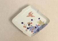 明治後期～大正色絵紅葉と鳥図縁立菱形皿①鳥に金彩あり,釉剥げ