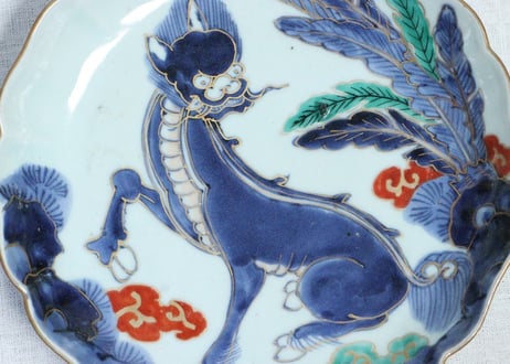 江戸中期色絵芭蕉に獅子図７寸皿　５客組