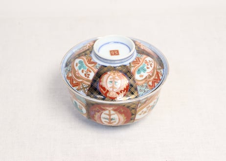 明治前期色絵桃と六方に松竹梅と牡丹図通り物飯茶碗 蓋部分甘手