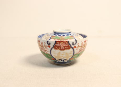 明治前期色絵若松と牡丹図飯茶碗