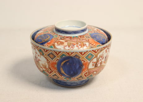 明治前期色絵梅と人物と青玉図蒸茶碗 5客組
