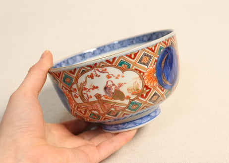 明治前期色絵梅と人物と青玉図蒸茶碗 5客組