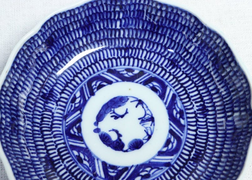 【上作】明治時代　印判手　銅版転写　みじん唐草　たこ唐草文様　長皿　5客　古箱付 上作】明治時代 印判手 銅版転写 みじん唐草 たこ唐草文様 長皿 5客 古