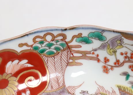 明治前期色絵松竹梅に鶴亀図通り物なます皿①