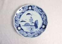江戸幕末染付山水と三方に花図9寸皿