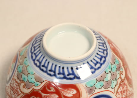 明治前期色絵獅子牡丹と幾何学文図飯茶碗①