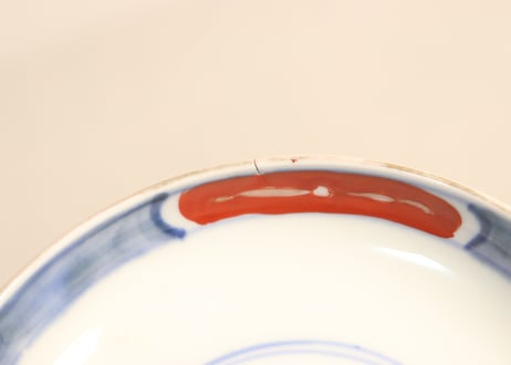 明治前期色絵獅子牡丹と幾何学文図飯茶碗②窯傷