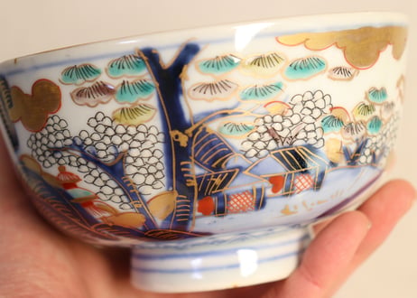 明治前期色絵山水図通り物蒸茶碗② ノミホツ