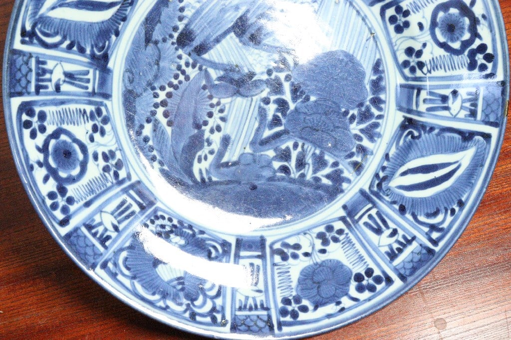 江戸中期藍九谷上手鷺の図中皿木箱付幅約14.5㎝東Y6-0910☆2F