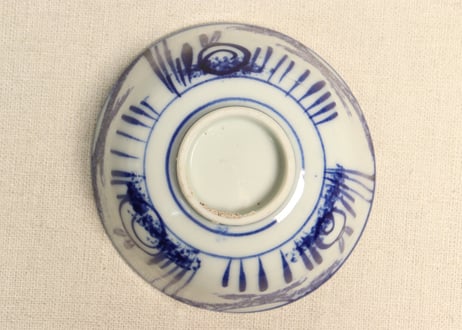 明治前期染付三方に木賊と兎図茶碗