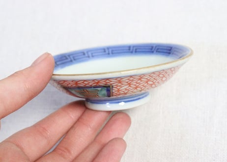江戸後期色絵吉文字と七宝文図通り物飯茶碗　５客組