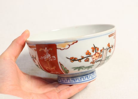 明治前期色絵三方に竹梅図通り物蒸茶碗