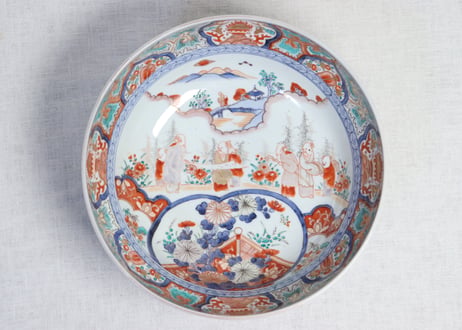 明治前期色絵七賢人と菊図９寸鉢　小ニュウ