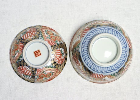 明治前期色絵扇面に菊図通り物飯茶碗