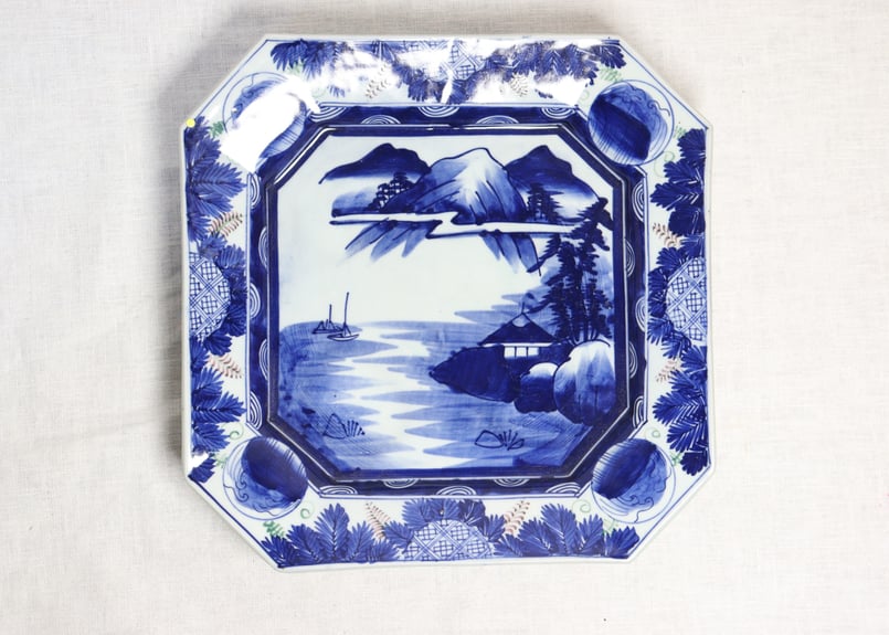 明治前期ベロ藍山水図角皿 ノミホツ | 吉祥寺PukuPuku