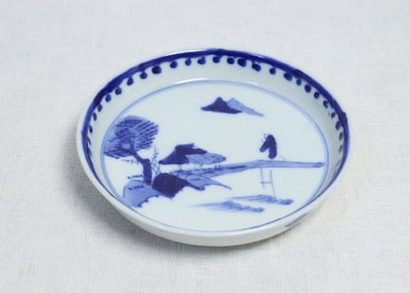 明治後期～大正染付山水人物図縁立小皿