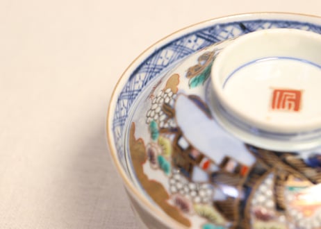 明治前期色絵山水図通り物飯茶碗①