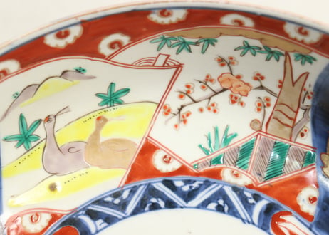 明治前期色絵松竹梅と鶴図8寸鉢②釉剥げ