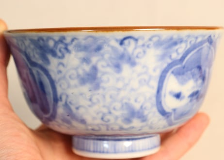 明治前期染付三方に山水窓絵と萩唐草図イゲ縁通り物飯茶碗