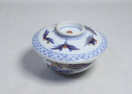 明治前期金彩染付山水図蒸茶碗