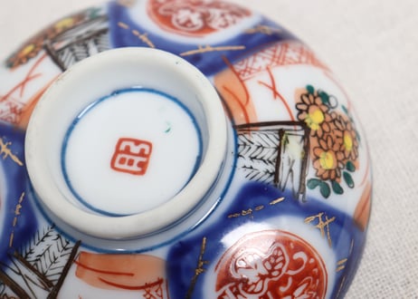 大正～昭和戦前ゴム判色絵菊図蓋茶碗