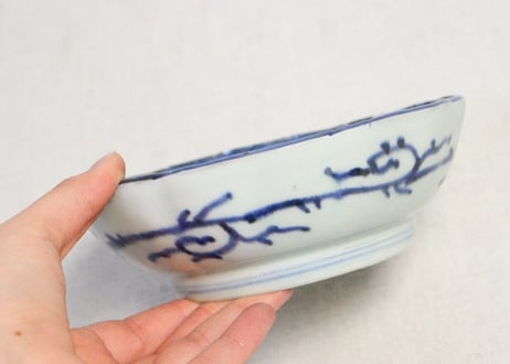 江戸後期染付富士に鶴図なます皿　窯傷,ノミホツ,フリモノ