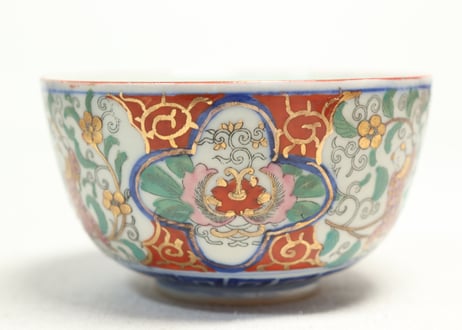 明治後期～大正色絵プリント花と唐子図蒸茶碗