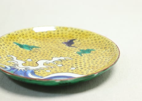 明治後期～大正九谷焼色絵波千鳥図5寸皿5客組　1客釉剥げ