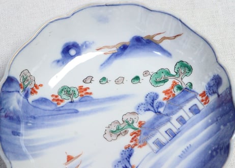明治前期色絵山水図なます皿　釉弾き