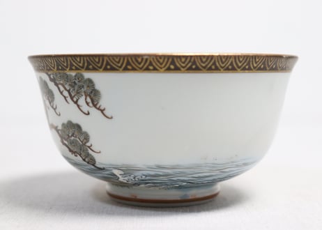 明治前期九谷焼色絵松鶴図通り物蒸茶碗