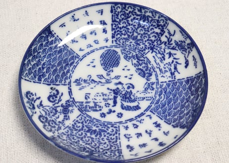 明治前期紙刷気球と洋装人物図小皿