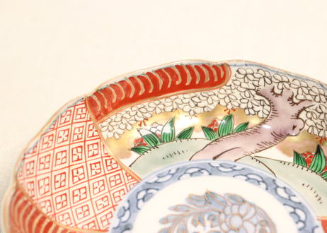 明治前期色絵桜と万年青図通り物なます皿