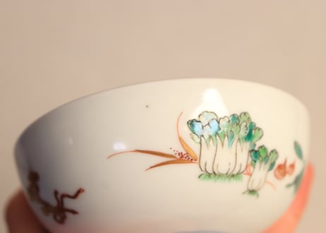 明治前期色絵菊に唐草と野菜図輪茶碗 5客組