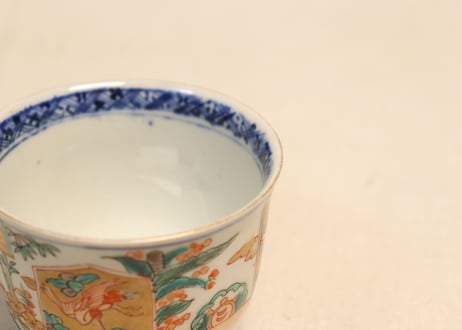 明治前期色絵菱文に松竹梅と鶴亀図向付