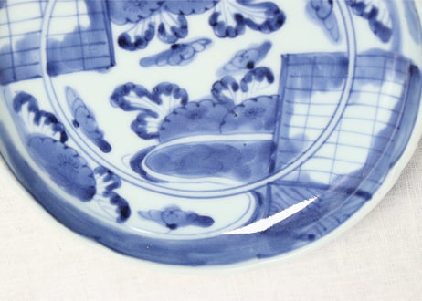 江戸中期染付流水に牡丹と障子図6.5寸皿 がたつき