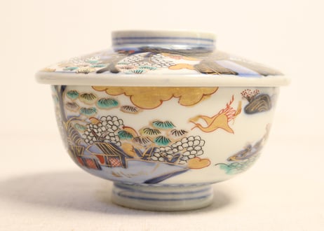 明治前期色絵山水図通り物蒸茶碗② ノミホツ