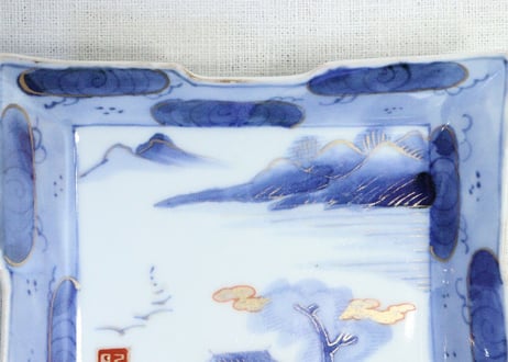 明治後期～大正染付金彩山水図長角皿