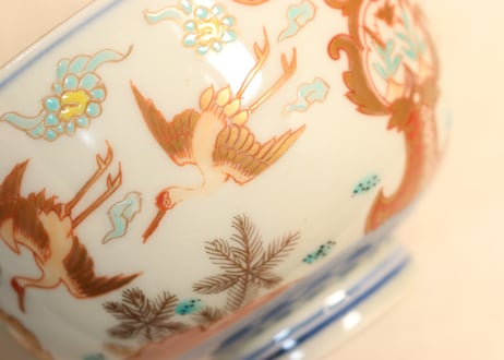 明治前期色絵松鶴図通り物飯茶碗