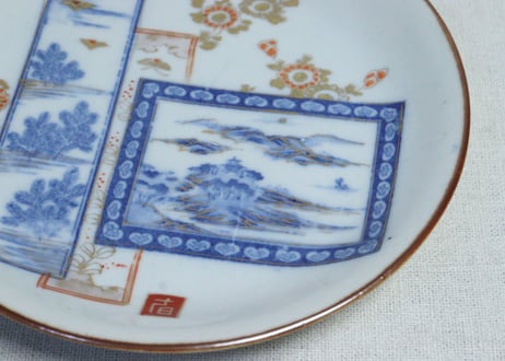 明治後期～大正銅判色絵山水と若松図5寸皿