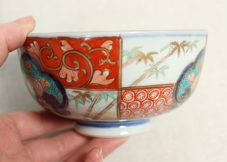 明治前期色絵市松に松竹梅図蒸茶碗②窯傷