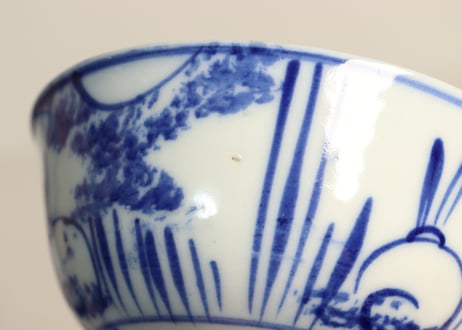 明治前期染付三方に木賊と兎図茶碗
