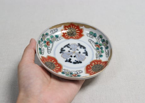 明治前期色絵流水に菊と青玉図小皿