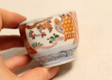 明治前期色絵梅と鶯に鳥籠図通り物小向付